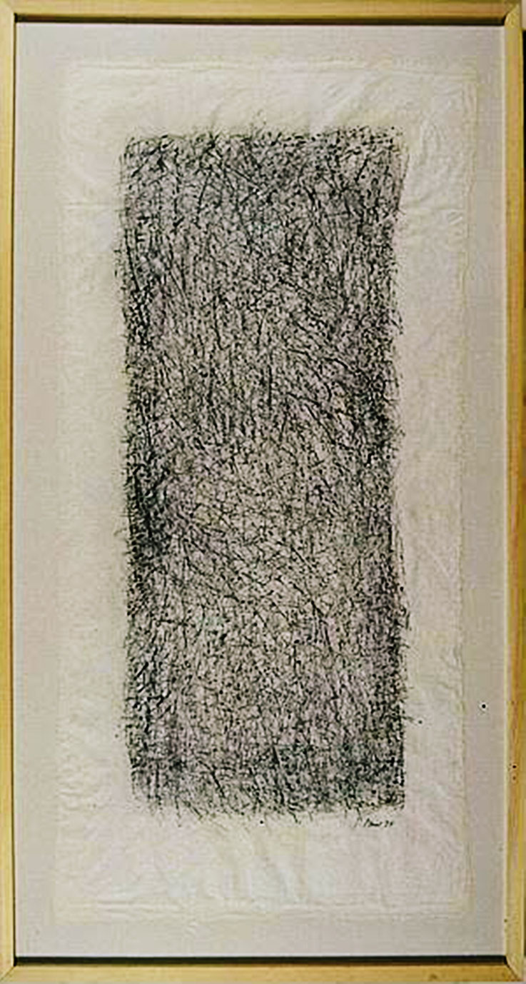 Pedro Meier – Solothurn Kuratorium – Kunstinventar SOKULTUR – Ankauf »Mikrogramme (Nr. 57)« (nach Robert Walser) von © Pedro Meier Multimedia Artist – Graphit Kohle Zeichnung auf selbst geschöpftem Papier vom Maulbeerbaum – 1994 – 130x62 cm. SIKART Zürich