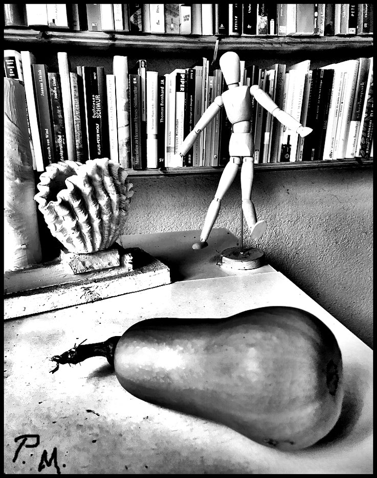 Pedro Meier, Stillleben mit Moschus-Kürbis, Gliederpuppe, Jakobsmuschel, Bibliothek Krimis, Serendipity-Prinzip, Moleskine, Schreibort, Skriptorium Pedro Meier Schriftsteller, Multimedia Artist Niederbipp Jurasüdfuss, Autorenlexikon Literaturport Berlin