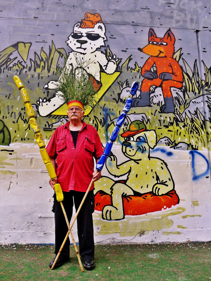 The last Mohicans by © Pedro Meier, Fluxus DADA Climate Change Performance: Bamboo, trash alu beer cans, Homage to the indigenous Amazon peoples and Native American Indians. Gesamtkunstwerk, Graffiti, Campus Attisholz Areal Solothurn. SIKART Zürich