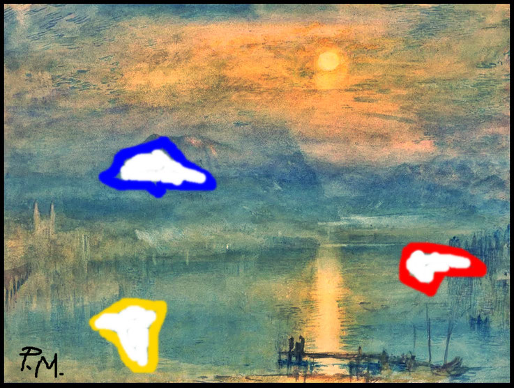Pedro Meier Paraphrase zu William Turner, Der Luzerner See im Mondschein mit der Rigi, 1841, Overpainted Photographs, Palimpsest, Art of Intervention, Mixed Media 2025 Artwork by Pedro Meier Schriftsteller Multimedia Artist, Gesamtkunstwerk Conceptual Art