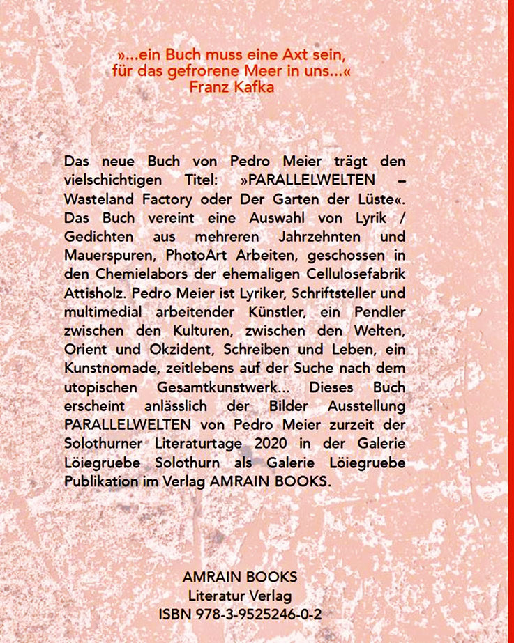 Pedro Meier Schriftsteller – Klappentext zu PARALLELWELTEN – Wasteland Factory oder Der Garten der Lüste – Lyrik und Mauerspuren – Grafik-Edition In Search of Lost Time – AMRAIN BOOKS Literatur Verlag, 2020 – ISBN 978-3-9525246-0-2 – Lexikon-SIKART Zürich