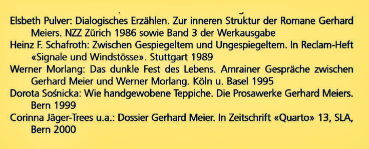 Sekundärliteratur zu Gerhard Meier: Elsbeth Pulver, Heinz Schafroth, Werner Morlang, Quarto, Zeitschrift des Schweizerischen Literaturarchivs, Corinna Jäger-Trees, Dorota Sośnicka, Peter Lang Verlag. Archiv Pedro Meier Atelier Gerhard Meier-Weg Niederbipp