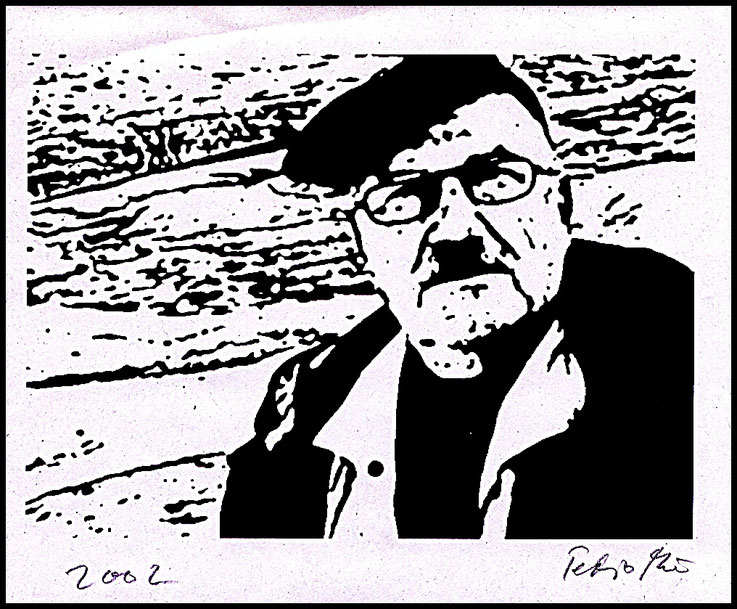 Pedro Meier, Selbstbildnis, Werkzyklus » Steine Strandgut Treibgut « Holzschnitt Nr. IX, Sommeratelier Grönland 2002 Artwork by Pedro Meier Lyriker Haiku Schriftsteller, Multimedia Künstler, Idee Synthese Gesamtkunstwerk Kreativart, Inuit-Kultur, Wikinger