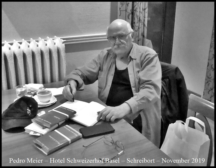 Pedro Meier Hotel Schweizerhof, Centralbahnplatz 1 Basel 2019 Schreibort, Leseort, Kreativort, Hotellobbys, True Crime, Schreiben Unterwegs in der Eisenbahn, Cafés, Restaurant, Lyrik Haiku, Kyoto Zen-Buddhismus, Tempel Steingärten, Chronik des Augenblicks