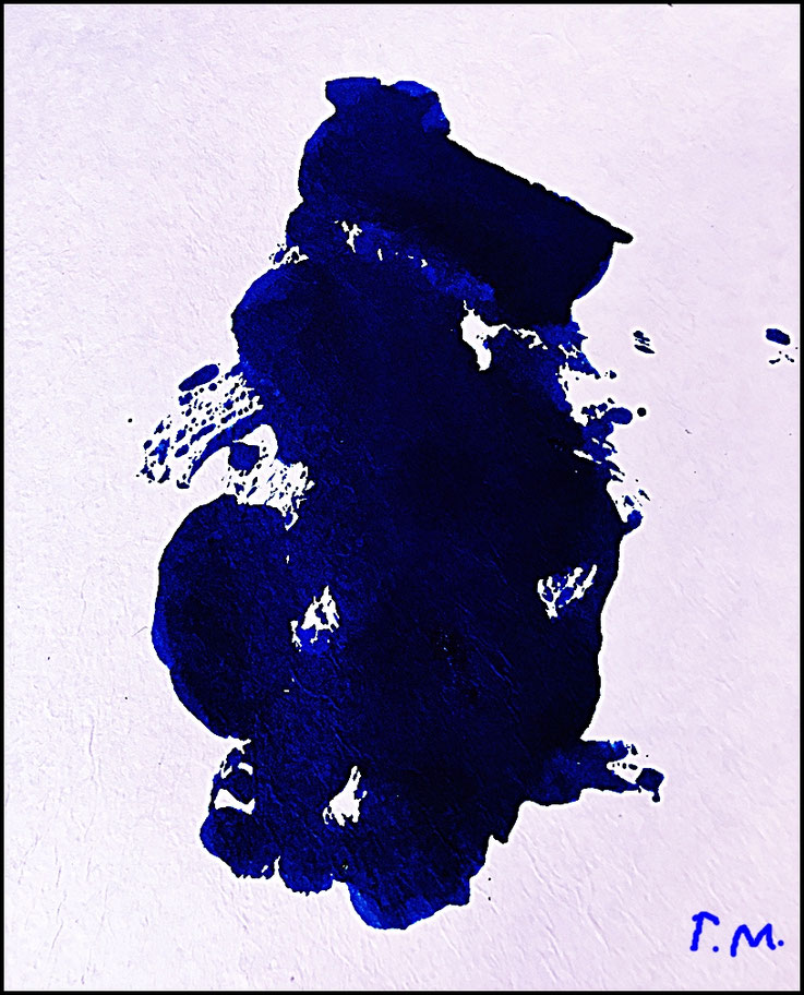 Pedro Meier HAIKU in BLAU VII, Zyklus Kyotos Steingärten, Metapher für das Universum, Orte der Kontemplation und Meditation, Tempel Ryôan-ji, Monotypie auf Papier vom Maulbeerbaum, Artwork by Pedro Meier Lyriker, Schriftsteller, Malerpoet, Gesamtkunstwerk