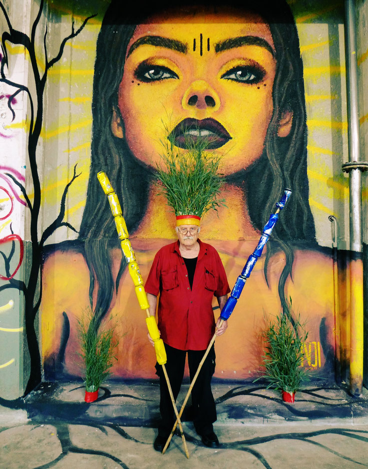 The last Mohicans by © Pedro Meier, Fluxus DADA Climate Change Performance: Bamboo, trash alu beer cans, Homage to the indigenous Amazon peoples and Native American Indians. Gesamtkunstwerk, Graffiti Attisholz Areal Solothurn. Visarte – SIKART Zürich