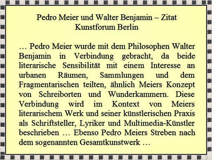 Pedro Meier wurde mit dem Philosophen Walter Benjamin in Verbindung gebracht, da beide literarische Sensibilität mit einem Interesse an urbanen Räumen, Sammlungen und dem Fragmentarischen teilten, Zitat Kunstforum Berlin. Pedro Meier Schriftsteller Artist