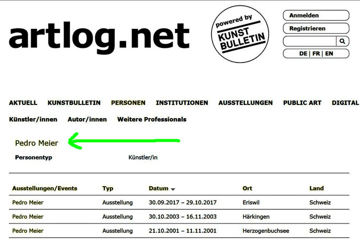 Pedro Meier – artlog.net by Kunstbulletin. Zeitschrift für zeitgenössische Kunst, Schweizer Kunstverein; verlinkt mit Schweizerische Institut für Kunstwissenschaft (SIK-ISEA) Zürich – Digitale Datenbank Kunstarchiv SIKART Lexikon zur Kunst in der Schweiz