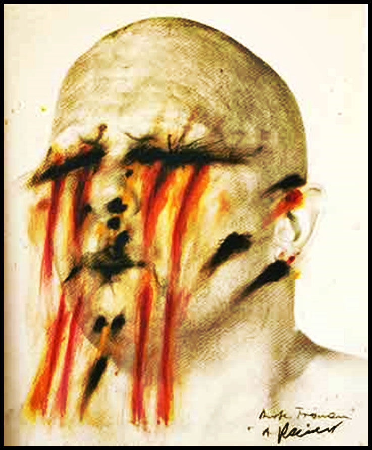 Pedro Meier, Hommage an Arnulf Rainer (1929-2025) R.I.P. Rote Tränen, Übermaltes Foto Selbstportrait 1970, Meditated Vandalism, Overpainted Photographs, Pedro Meier, Chronik des Augenblicks – Künstlerlexikon SIKART Zürich – Autorenlexikon AdS Schweiz