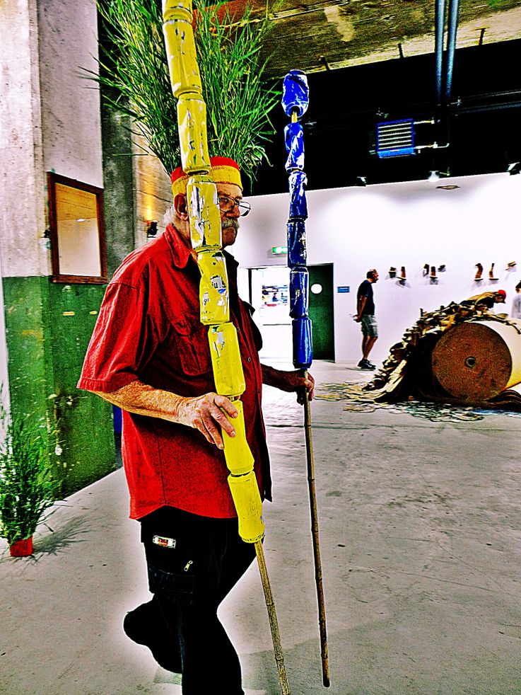 The last Mohicans. Fluxus DADA Performance – Climate Change Installation by © Pedro Meier: Bamboo, Cellulose, trash found alu beer cans, Homage to the indigenous Amazon peoples Native American Indians. Gesamtkunstwerk. Campus Attisholz. SIKART Zürich