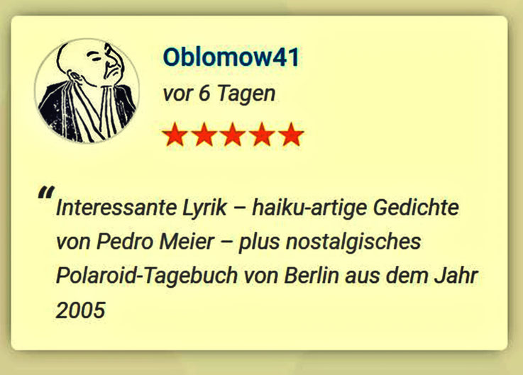 Pedro Meier – Buchbesprechung – »... interessante Lyrik – haiku-artige Gedichte von Pedro Meier – plus nostalgisches Polaroid-Tagebuch von Berlin aus dem Jahr 2005« – Zitat Buchblogger Oblomow41 – Lyrik-Buch – Das Gewicht des Schattens im Sonnenschein