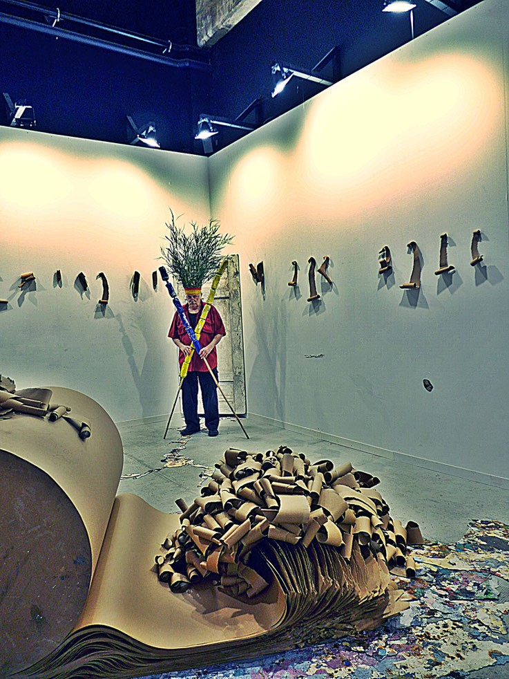 The last Mohicans. Fluxus DADA Performance – Climate Change Installation by © Pedro Meier: Bamboo, Cellulose trash alu beer cans. Homage to the indigenous Amazon peoples, Native American Indians. Umweltzerstörung, Gesamtkunstwerk. Campus Attisholz. SIKART