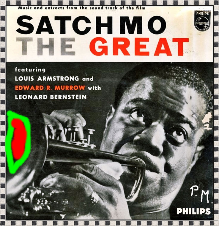 Pedro Meier – Louis Armstrong 4. 8. 1901, Satchmo The Great, LP, Vinyl Record Album, Philips 1957, Plattencover, Overpainted Photographs, Archiv Pedro Meier, Schriftsteller, Lyriker, Multimedia Artist Niederbipp, Jurasüdfuss, Künstlerlexikon SIKART Zürich