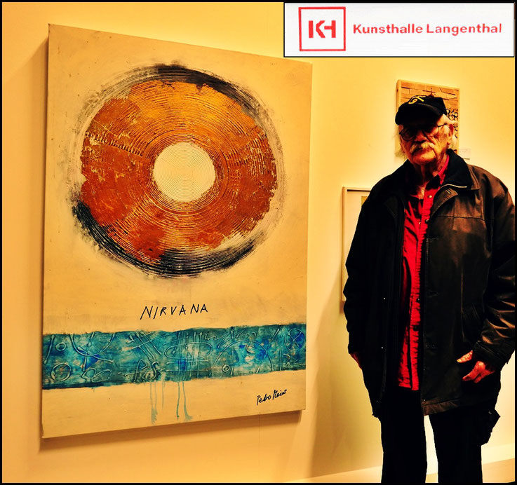Pedro Meier mit Bild NIRVANA, Mixed Media, Kunsthalle Langenthal, Jahresausstellung Oberaargauer Kunstschaffende 2024, Artwork by Pedro Meier, Lyriker, Schriftsteller, Multimedia Artist, Künstlerlexikon SIKART Zürich, Autorenlexikon AdS Schweiz, Visarte