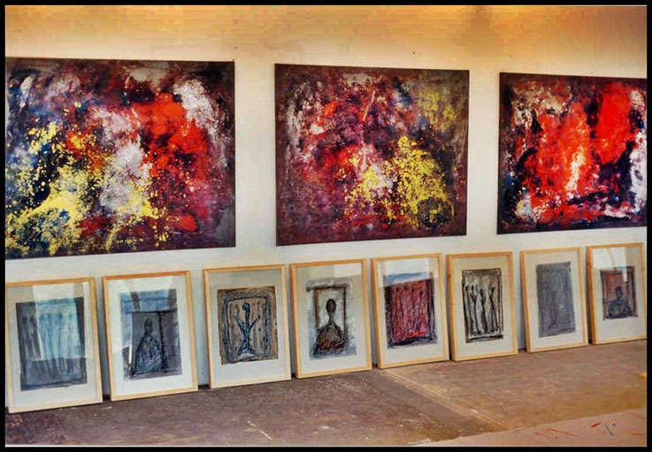 Pedro Meier Bilder im Atelier Alte Gerberei Aarburg, Auswahl für Solo-Ausstellung im Kunsthaus Grenchen 1995, » Bilder der letzten 15 Jahre – Flugbilder Atlantikflug Charles Lindbergh «, Artworks by Pedro Meier Lyriker, Schriftsteller, Multimedia Künstler