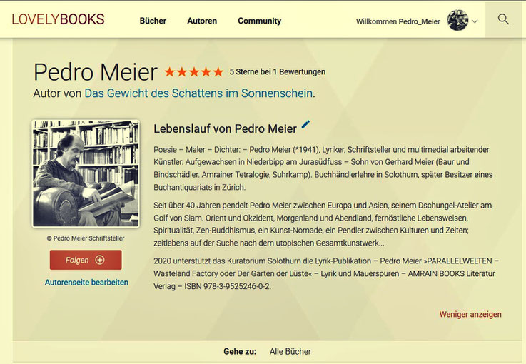 Pedro Meier bei LovelyBooks Lyrik-Buch – Das Gewicht des Schattens im Sonnenschein – Gedichte und Polaroids – Streifzüge durch Berlin – 146 Seiten, Verlag Königshausen & Neumann – ISBN 978-3-8260-7110-2 – Pedro Meier Schriftsteller Niederbipp Jurasüdfuss