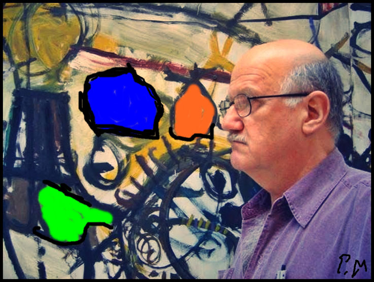Pedro Meier Selbstbildnis 2005 vor Ölbild, Wilde Möglichkeiten, Paraphrase, Hommage an John Olsen, Sydney Australien, Artwork by Pedro Meier, Schriftsteller, Lyriker, Multimedia Artist, Conceptual Art, Niederbipp, Haus der Poesie, Spoken Word Performance