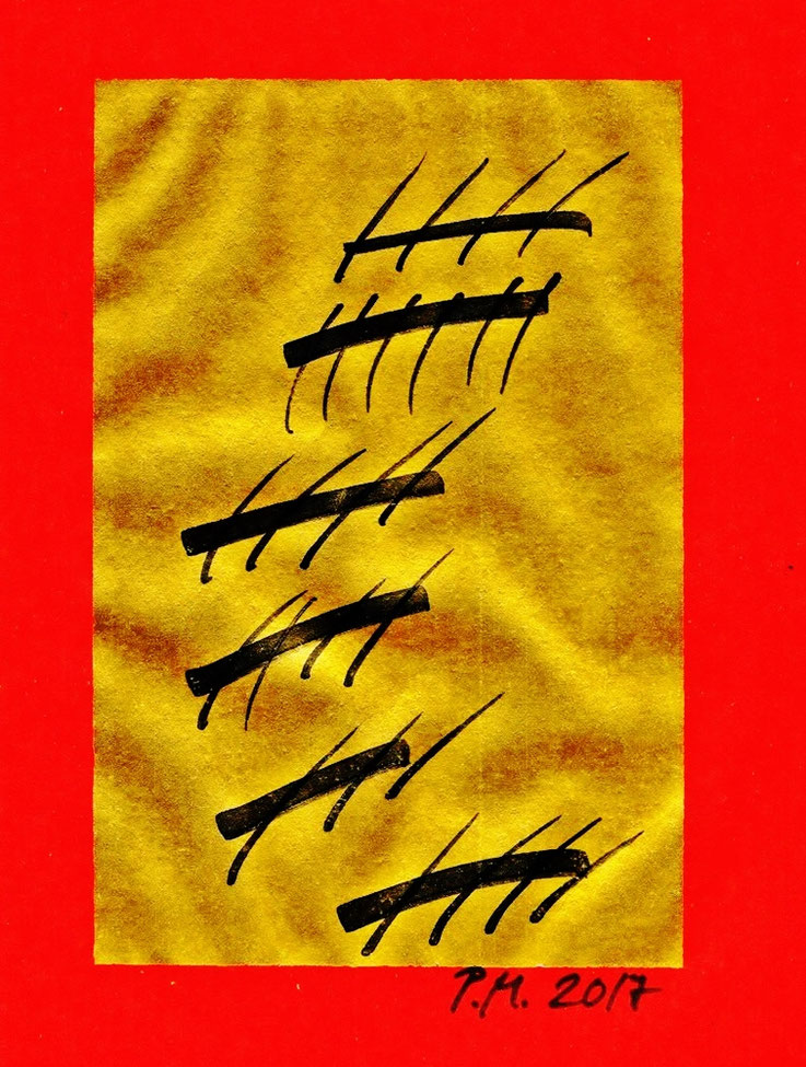 Pedro Meier, Regen in den Bergen, Zen-Kalligraphie, schwarze Tusche auf japanische Tempel-Goldfolie, Blattgold, Goldschaum, Serendipity-Zyklus Fernöstliche Impressionen Kyoto 2017 Artwork Pedro Meier, Schriftsteller, Multimedia Künstler, SIKART Zürich