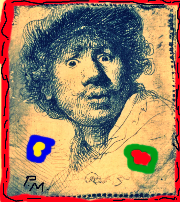 Pedro Meier, Übermalte Meisterwerke, Rembrandt van Rijn, Selbstbildnis mit Mütze, Radierung Kaltnadel 1630. Pentimenti, Overpainted Photographs Artwork by Pedro Meier, Schriftsteller, Multimedia Artist, Conceptual Art, Spoken Word Performance, Serendipity
