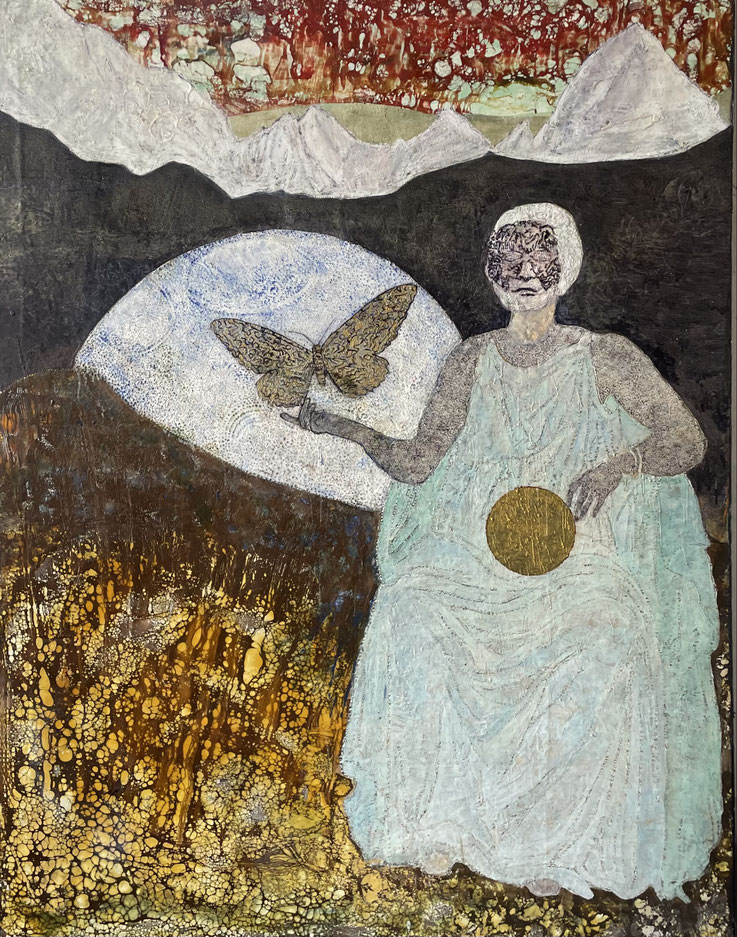 „CentralCasting:Rhea/Cronos“, 2026, 180x140 cm, Encaustic/Öl/Lack/Leinwand