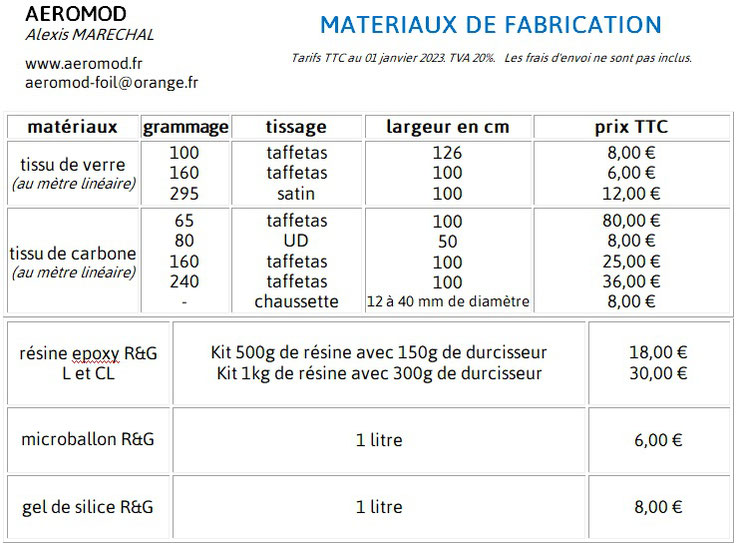 Copie d'écran présentant le tableau de tarifs des matériaux de fabrication, de l'entreprise Aeromod ; contactez nous pour les détails.