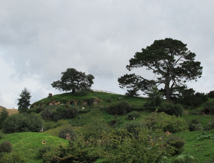Achtung, Herr-der-Ringe-Fans, ihr müsst jetzt stark sein: Der Baum oberhalb der Hobbit-Höhle ist aus Plastik.