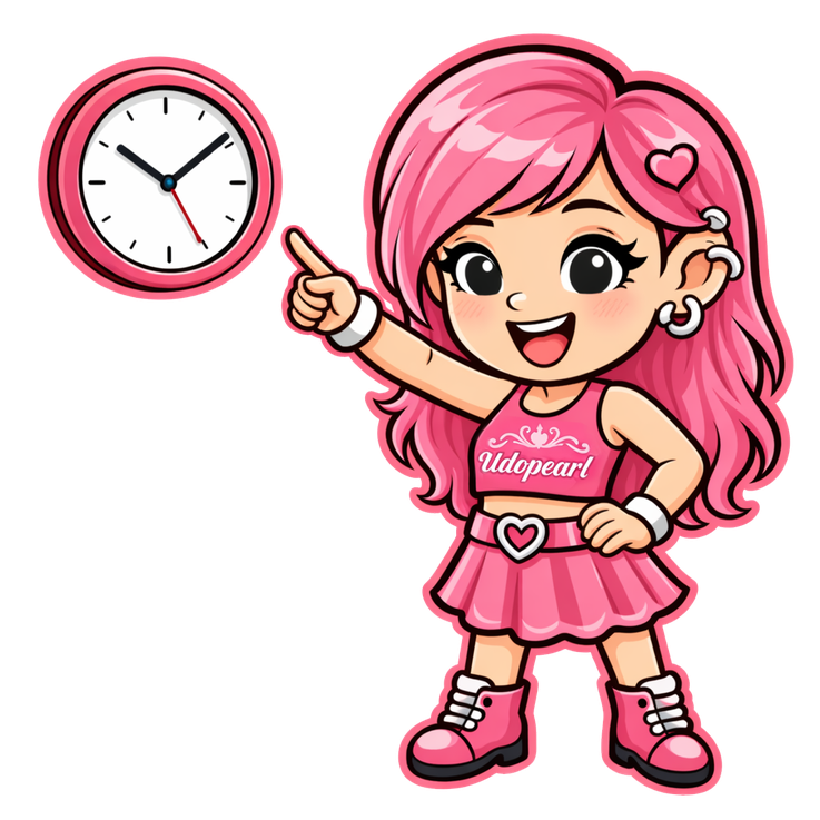 Maskottchen Pearly zeigt auf die Uhr – Wann ist ein Piercer bei UDOPEARL in Kassel?