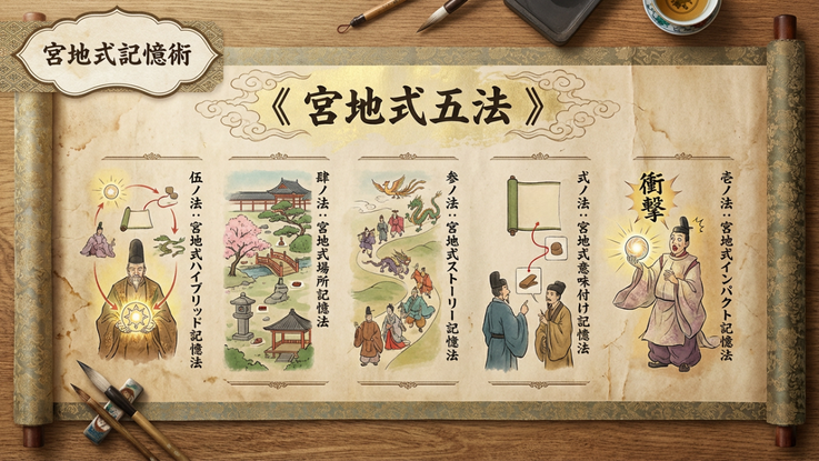 メンサ会員の宮地式記憶術講師宮地真一が教える天才の記憶法。壱ノ法：宮地式インパクト記憶法 弍ノ法：宮地式意味付け記憶法 参ノ法：宮地式ストーリー記憶法 肆ノ法：宮地式場所記憶法 伍ノ法：宮地式ハイブリッド記憶法