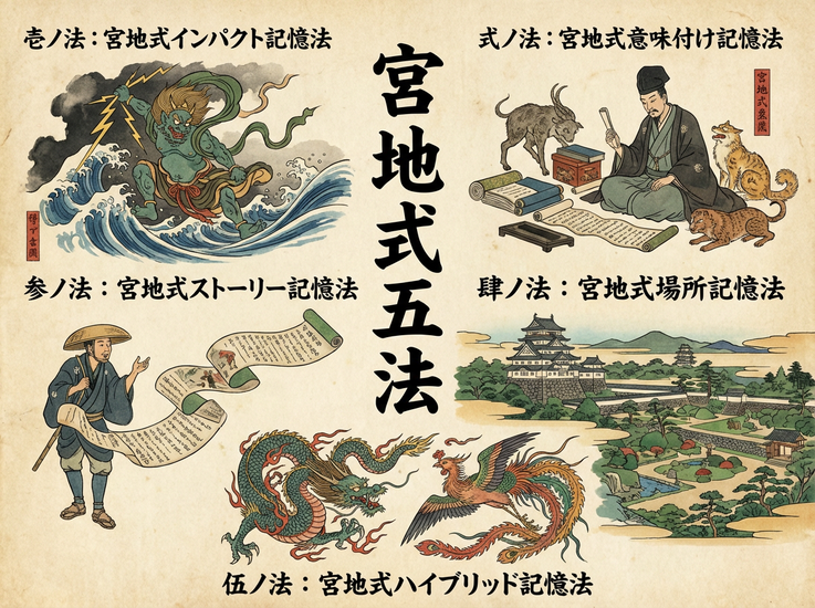 記憶術師宮地真一が用いる宮地式記憶術の5つの記憶法『宮地式五法』。★壱ノ法:宮地式インパクト記憶法 ★弍ノ法:宮地式意味付け記憶法 ★参ノ法:宮地式ストーリー記憶法 ★肆ノ法:宮地式場所記憶法 ★伍ノ法:宮地式ハイブリッド記憶法