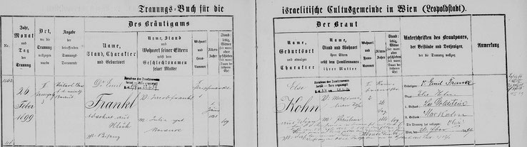 Trauungseintrag Dr. Emil Frankl und Else Kohn 1899