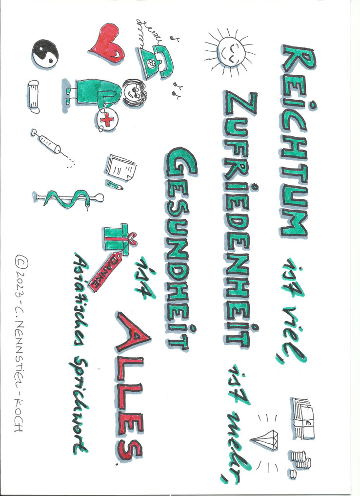 Sketchnote in grün-roter Farbe eines asiatischen Sprichwortes über Gesundheit von CNK gezeichnet