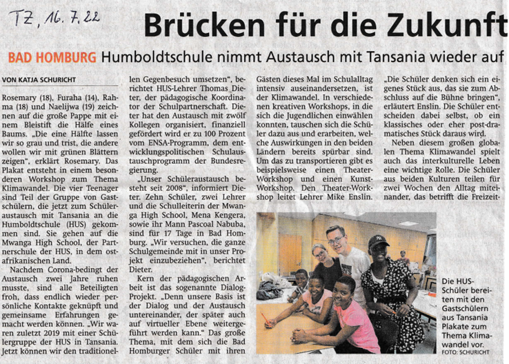 Artikel der Taunus Zeitung, den die Redakteurin Katja  Schuricht über den Besuch geschrieben hat und der am 16.07.2022 veröffentlich wurde