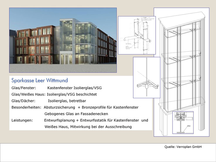 Statik für beschichtetes Isolierglas, Kastenfenster mit Bronzeprofilen und VSG/Vitrine mit Unterkonstruktion