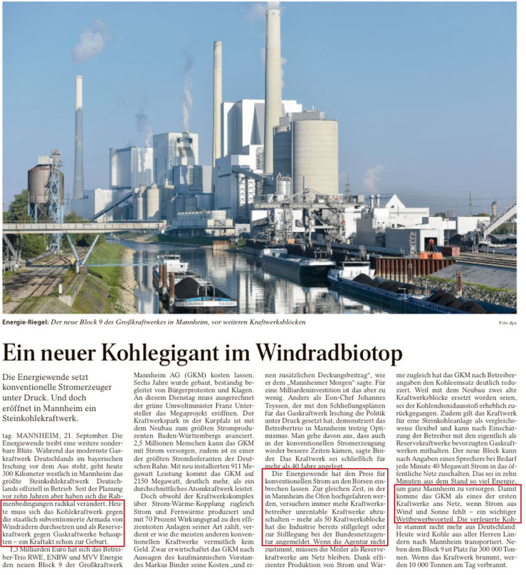 FAZ v. 22.09.2015: Das haben wir leider dem starken Zubau an Windrädern zu verdanken: Kohlekraftwerke gehen an das Netz