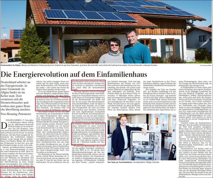 FAZ v. 18.11.2015 (Hinweis: Der Betreiber dieser Homepage nutzt auch bereits eine Batterie zur Speicherung der Sonnenenergie und erzielt in Niederwallmenach vergleichbare Autarkiewerte)