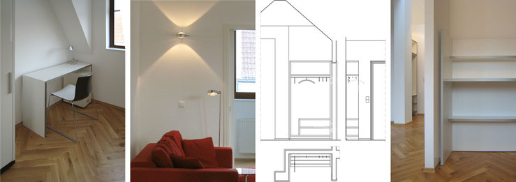 Tischleranfertigungen: Arbeitstisch im Gästezimmer, Garderobe, Küchenregal / Sofa mit Steh- und Wandleuchte