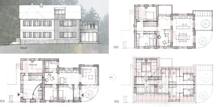 Entwurfsskizzen Westfassade und Grundrisse / Bestand blassrot hinterlegt