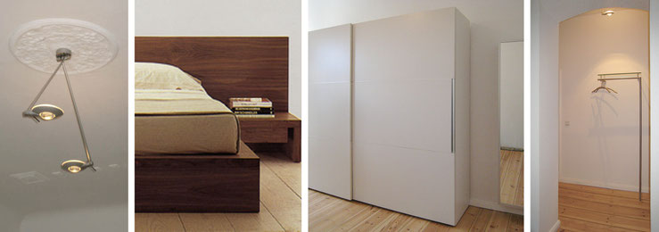 Deckenleuchte / Bett aus massivem Nussbaum / Kleiderschrank und Spiegel-Schuhschrank, Garderobe