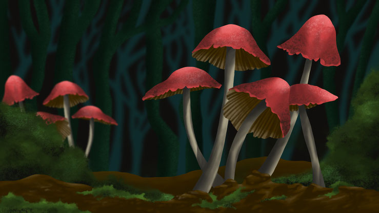 Digital Art "Rote Pilze": nächtlicher Wald mit rötlichen Pilzen im Vorder- und Hintergrund