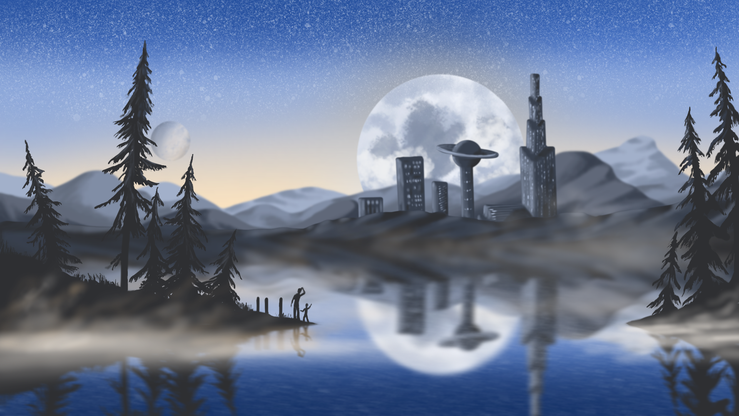 Digital Art "Galaktische Skyline": See im Vordergrund, in dem sich außerirdische Gebäude spiegeln, riesiger Mond im Hintergrund vor Sternenhimmel