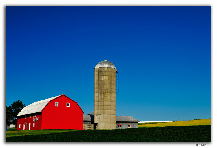 Farmhaus mit Silo und Feld bei blauem Himmel.