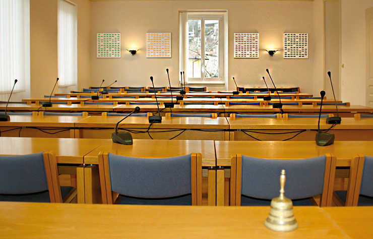 Installation of Paolo Grassi’s numerical paintings in the municipal council chamber of Losone, part of the project 'From "0" to Infinity'
