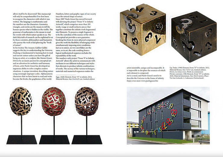 Conceptual sculptures by Paolo Grassi including “Dado”, “Eggs” and “Les Deux Roses” in bronze and aluminum, plus a large-scale public installation on a modern building façade.