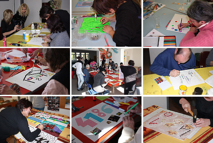 Collage of workshop photos showing participants painting and assembling artworks at OSC Mendrisio