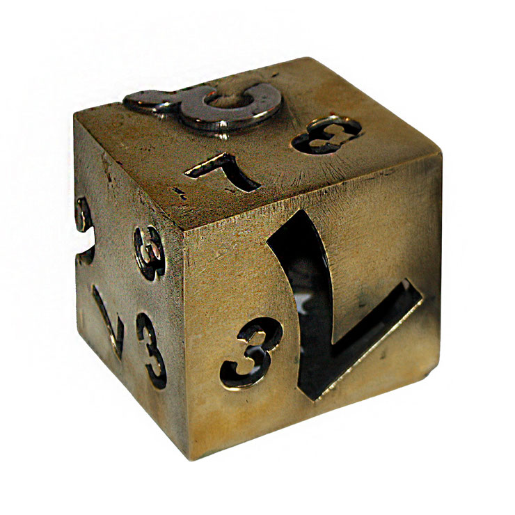 Green patina version of Paolo Grassi’s Dado sculpture in bronze, numbered 8 of 8, tabletop presentation