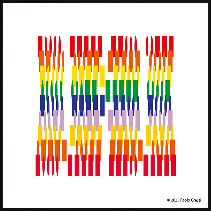 Paolo Grassi – Palindromic Morse Sequence I (2025), from the Numbers without numbers series. Palindromic Morse grid with columns in red, orange, yellow, green, blue, and lilac on white.