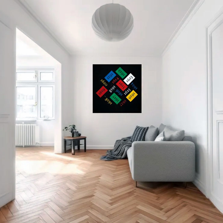 Paolo Grassi – Conceptual painting 60 in interior, coloured squares with numbers from the series ‘From 0 to Infinity’