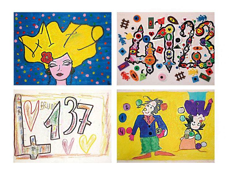 Four colorful numbered panels by students, part of Paolo Grassi’s OSC Mendrisio participatory artwork