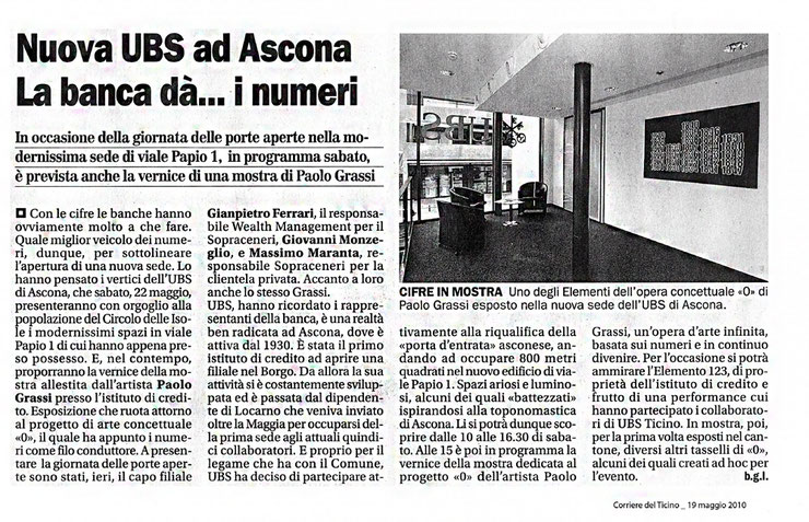 Newspaper article on Paolo Grassi’s conceptual art for the UBS SA, Ascona inauguration event
