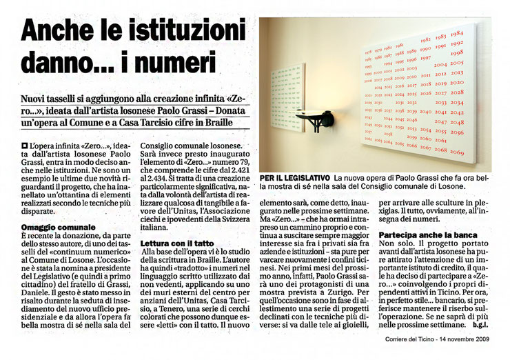 Newspaper article from Corriere del Ticino (2009) covering Paolo Grassi’s installation in Losone’s municipal building as part of 'From "0" to Infinity'
